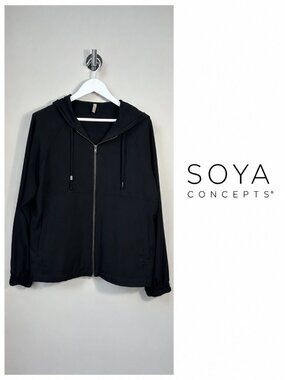 SOYA CONCEPT Black Hooded Zip-Up Jacket â Women's Large Lightweight Stretch Ja